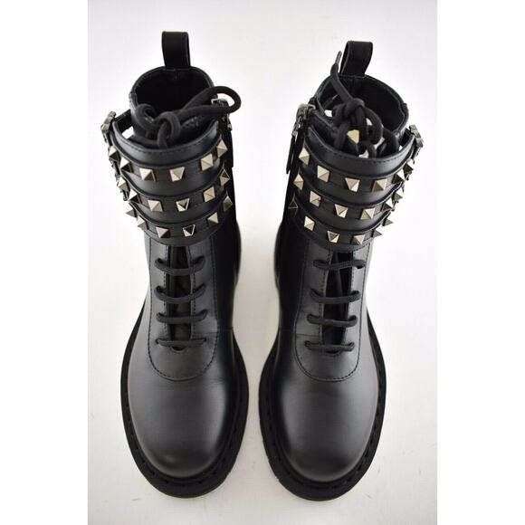 Valentino Rockstud Combat 20 Black Leather Stud Short Biker Ankle Flat Boot 36.5 - Picture 7 of 12